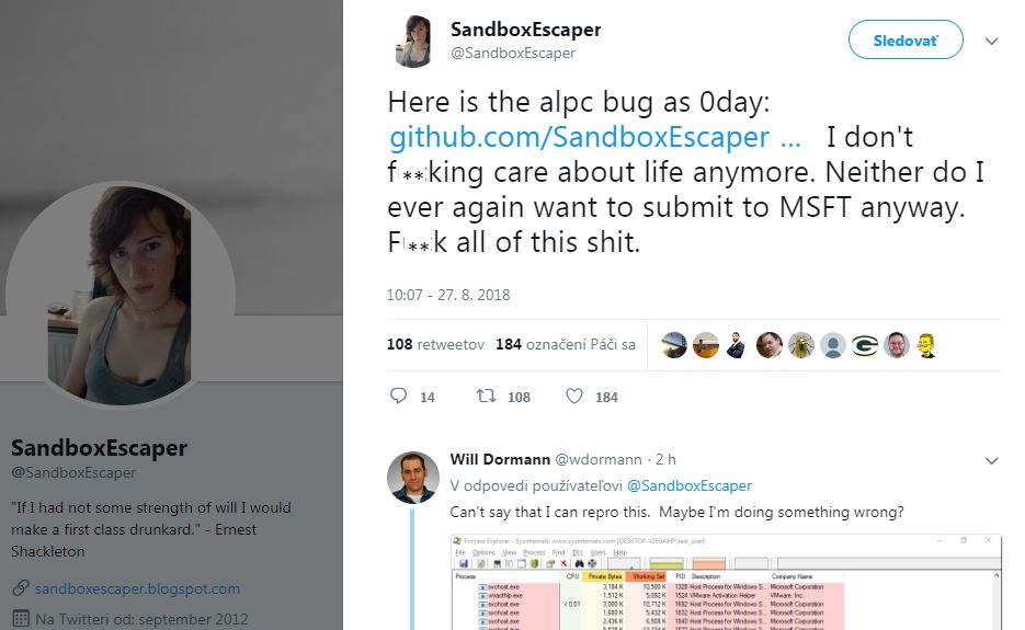 tweet by @sandbox revealing the alpc bug