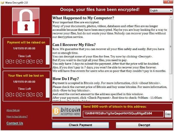 Message displayed on the computers affected by WannaCry Ransomeware